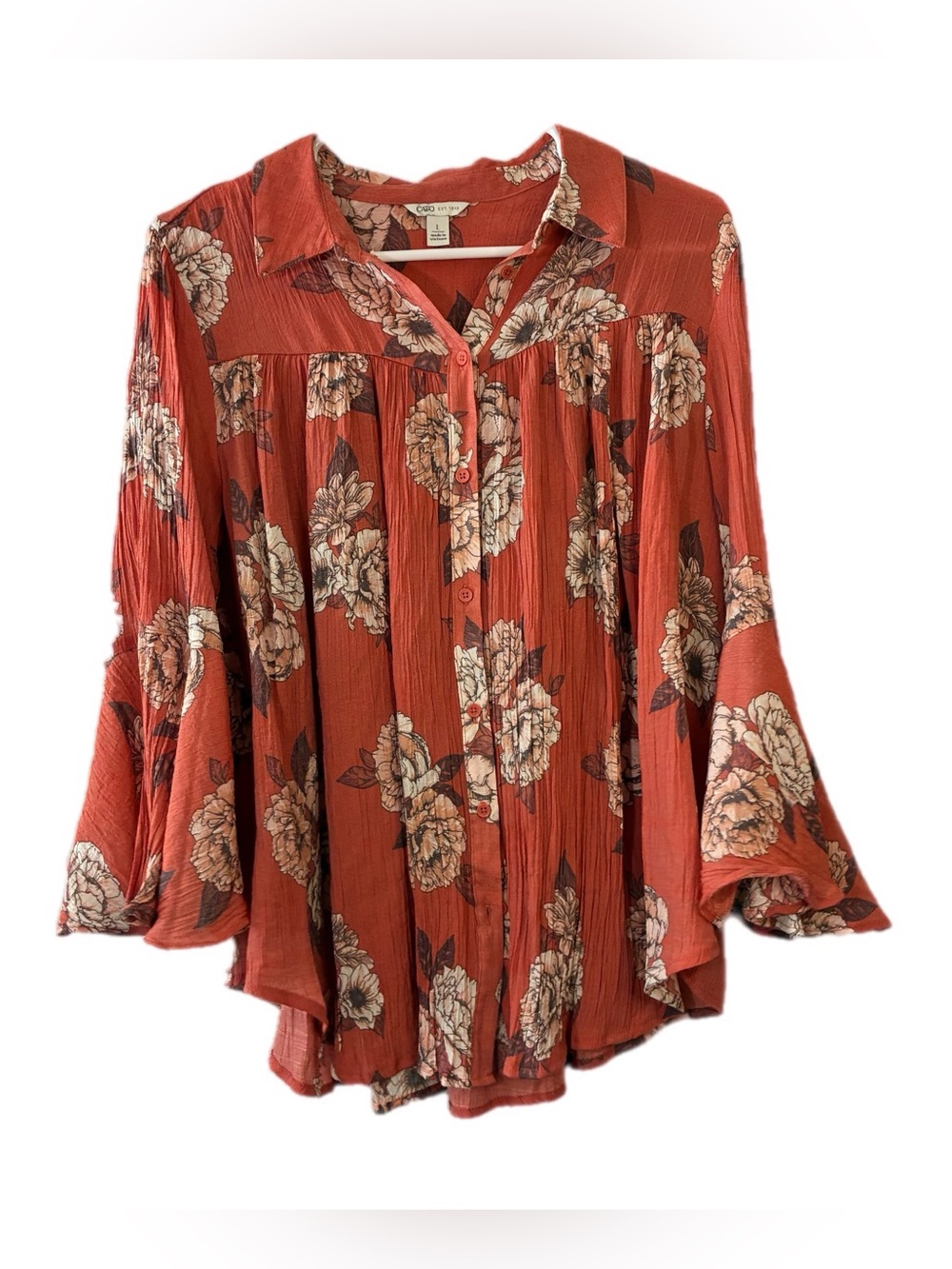 CATO FLORAL BELL SLEEVE BLOUSE, LARGE